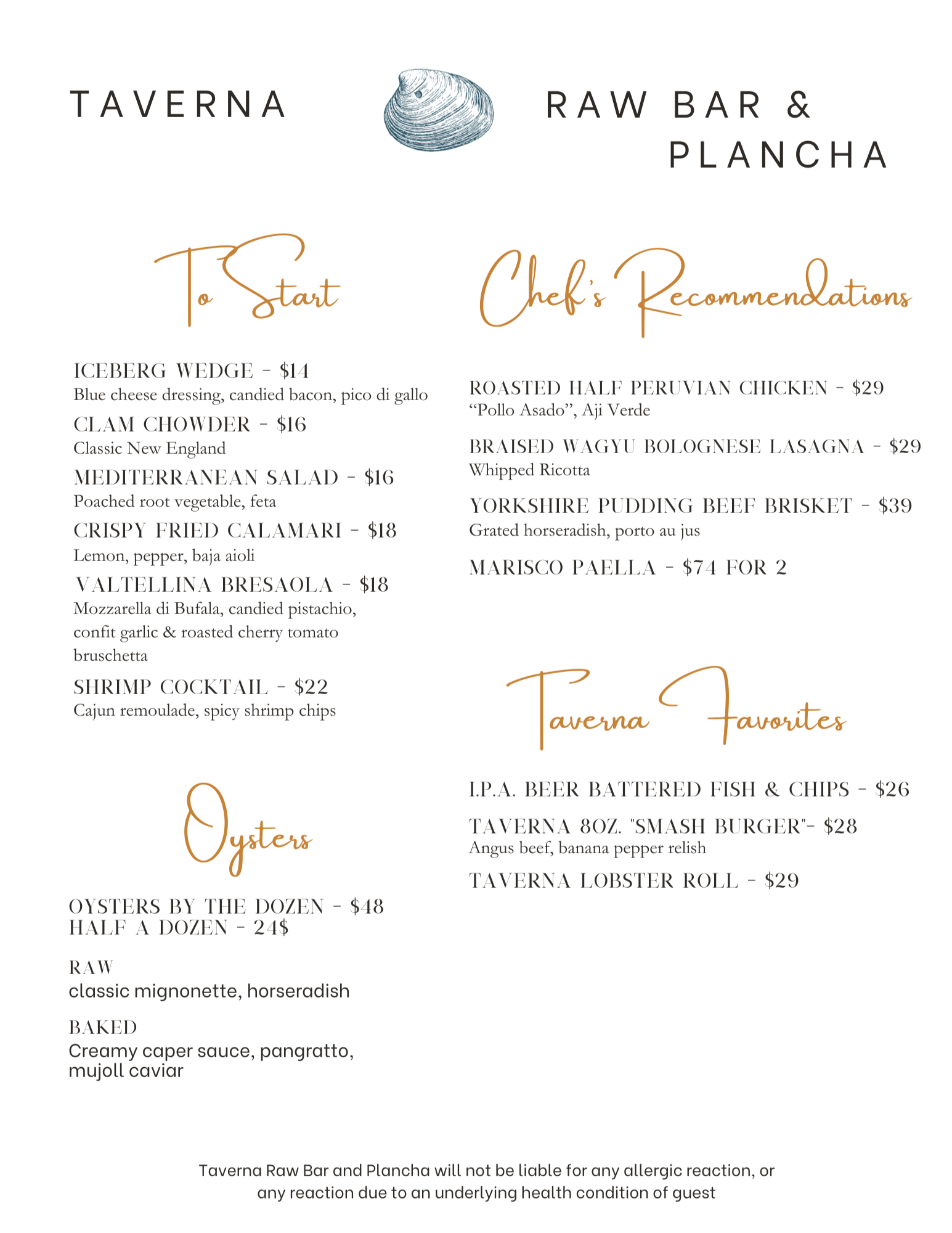 Taverna Raw Bar & Plancha Menu