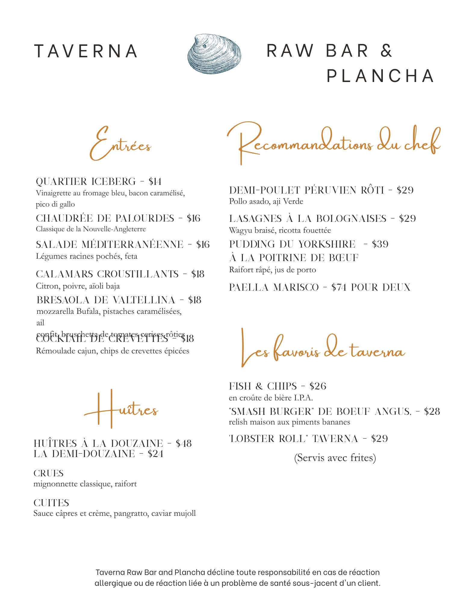 Taverna Raw Bar & Plancha Menu