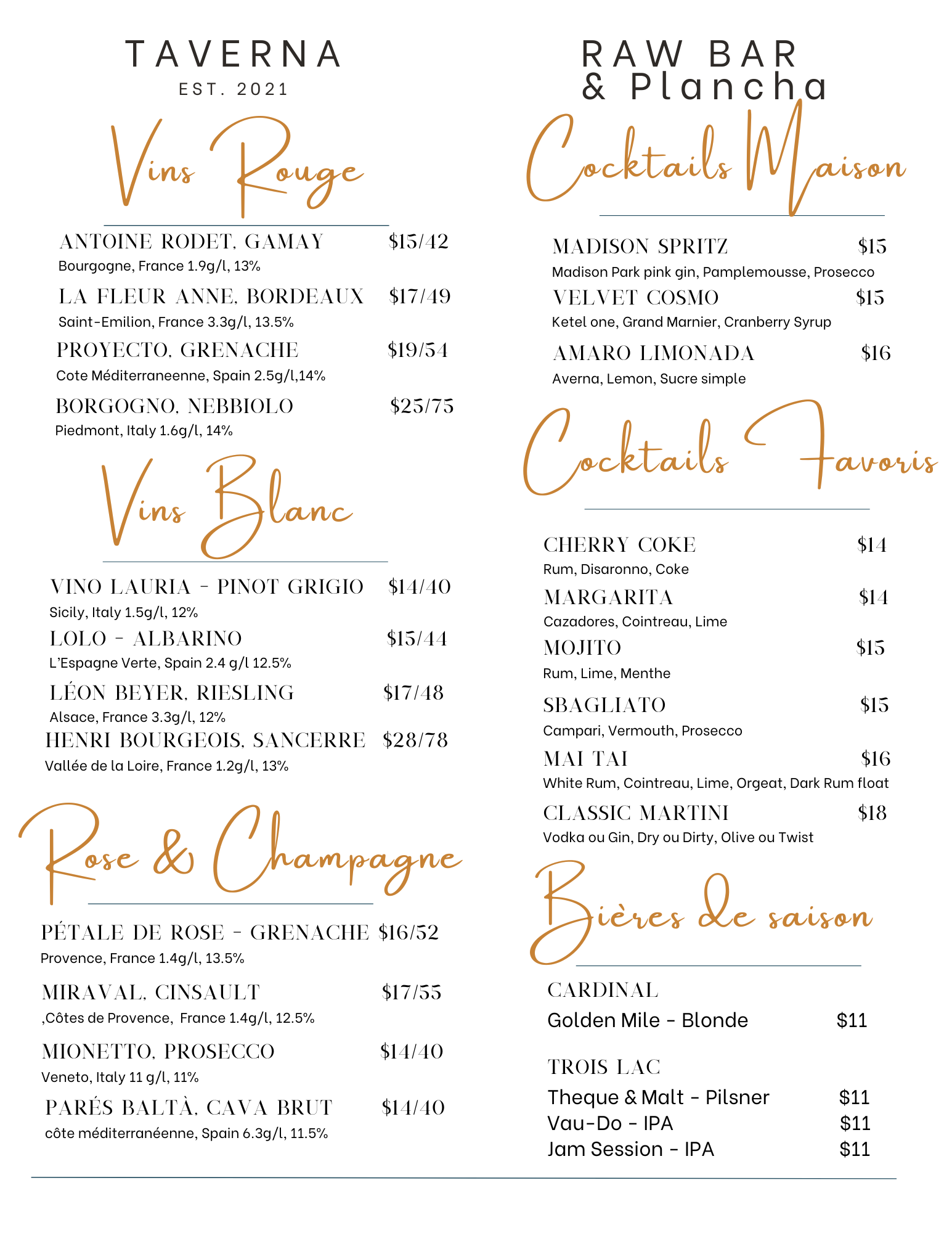 Taverna Raw Bar Cocktail Menu