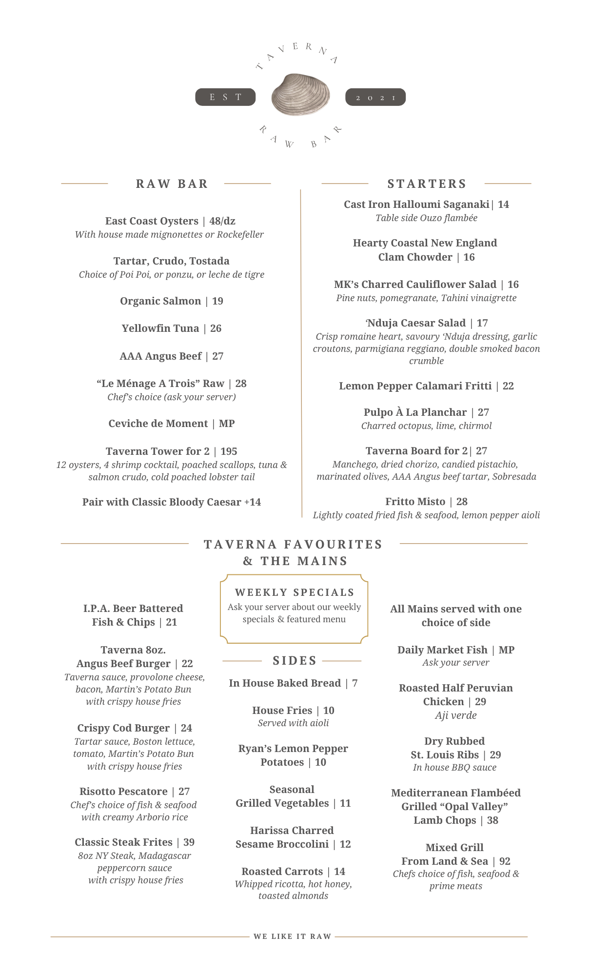 Taverna Raw Bar & Plancha Menu
